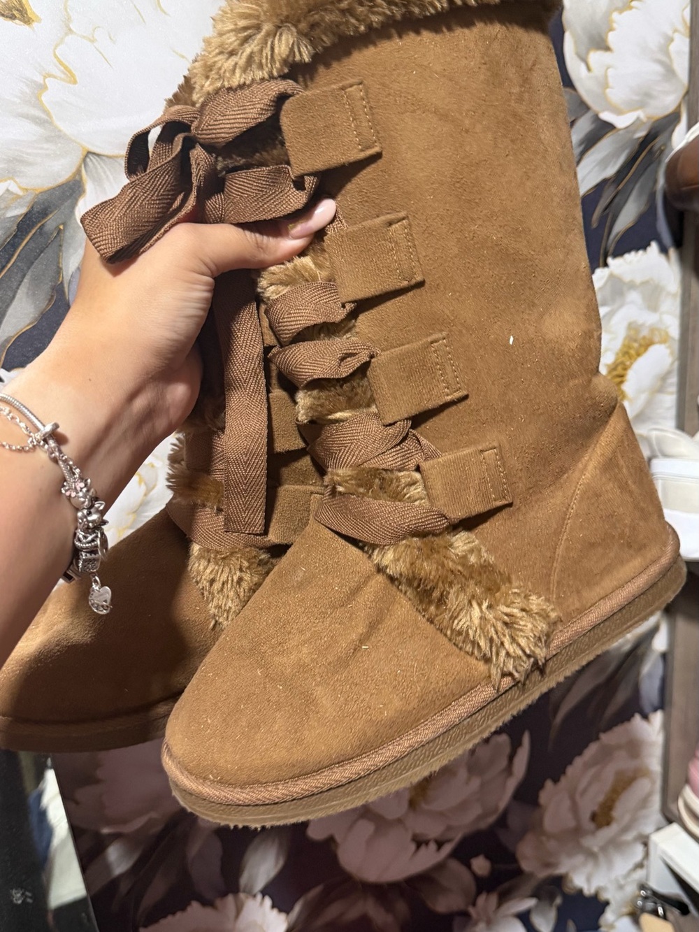 Women's Tan Faux Suede Fur-Trim Slip-On Winter Slippers